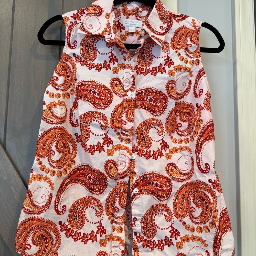 Charter Club Orange Button Down Notched Collar Top